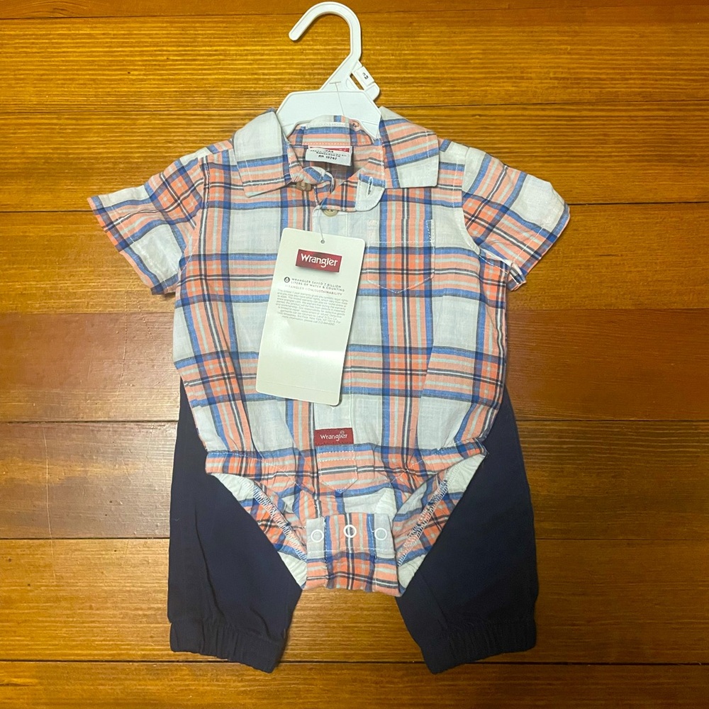 NWT Wrangler Orange & Navy Plaid Infant Button-Up & Pants Size 3 Months